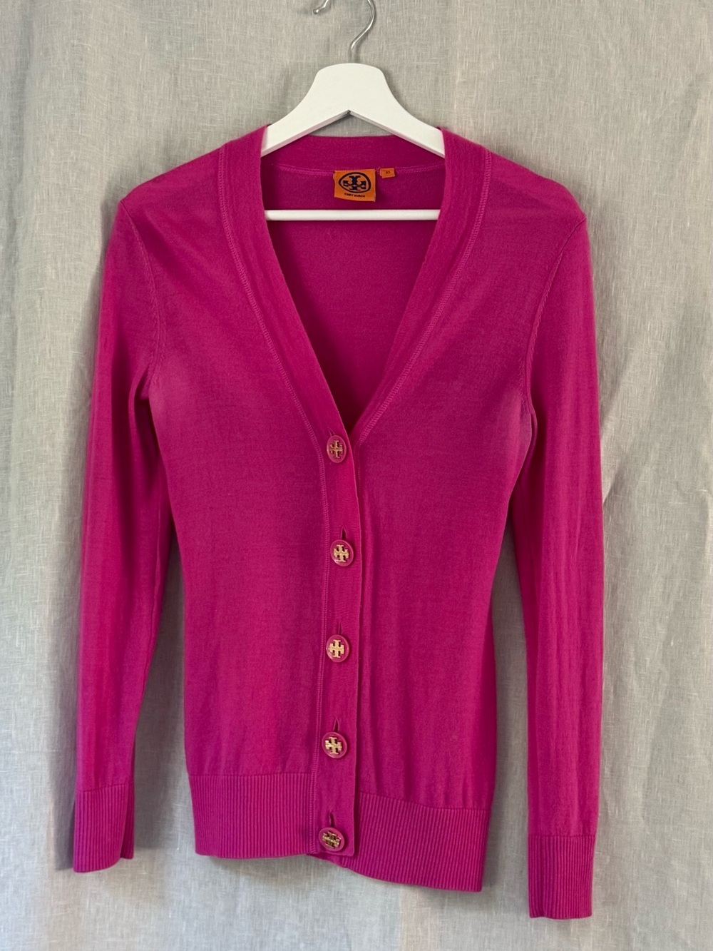 Tory Burch Pink Merino Wool Logo Button Cardigan Sweater XS